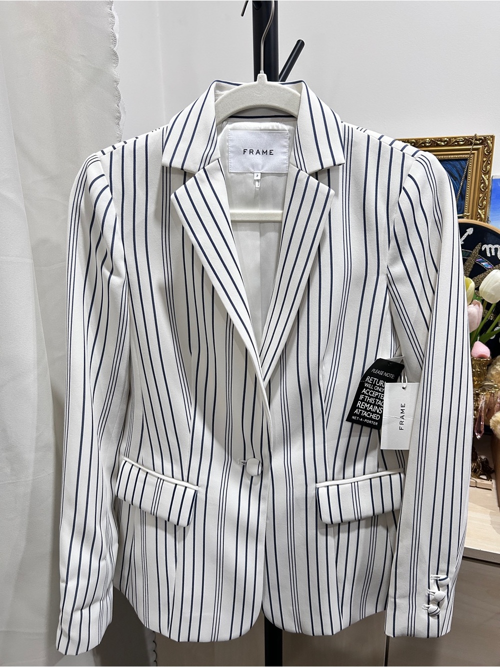 Frame Denim White Blazer with Navy Pinstripes